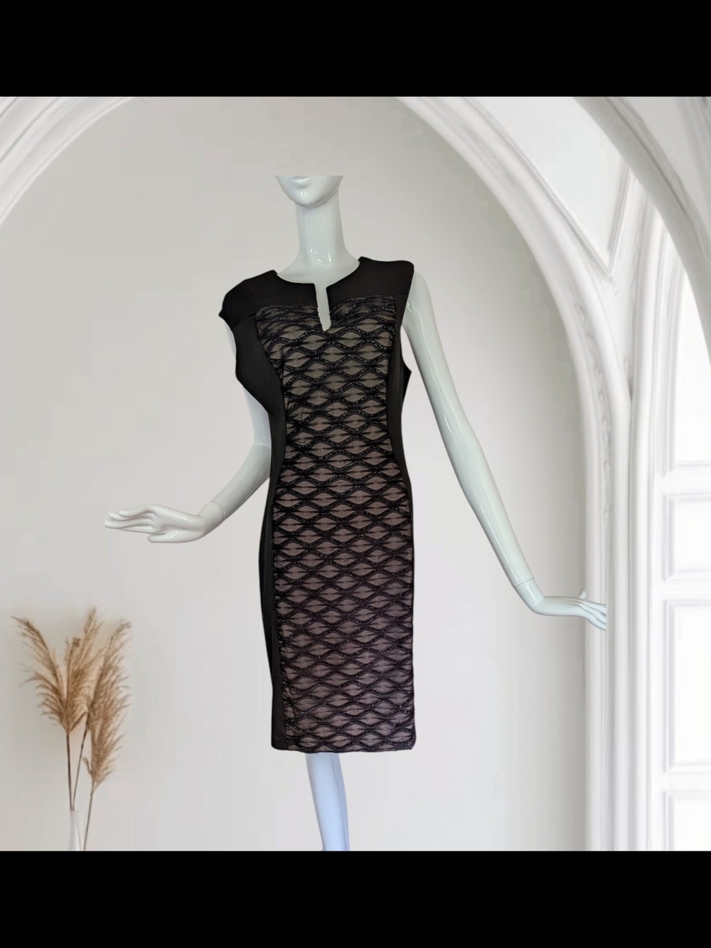 connected apparel Black Lace-Overlay Midi Sheath Dress with Nude Lining